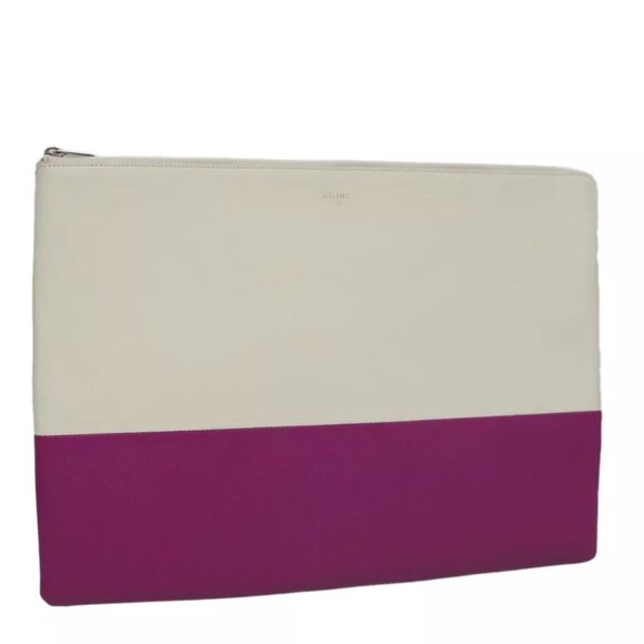 CELINE Clutch Bag Leather Purple White Silver Auth - Picture 1 of 16